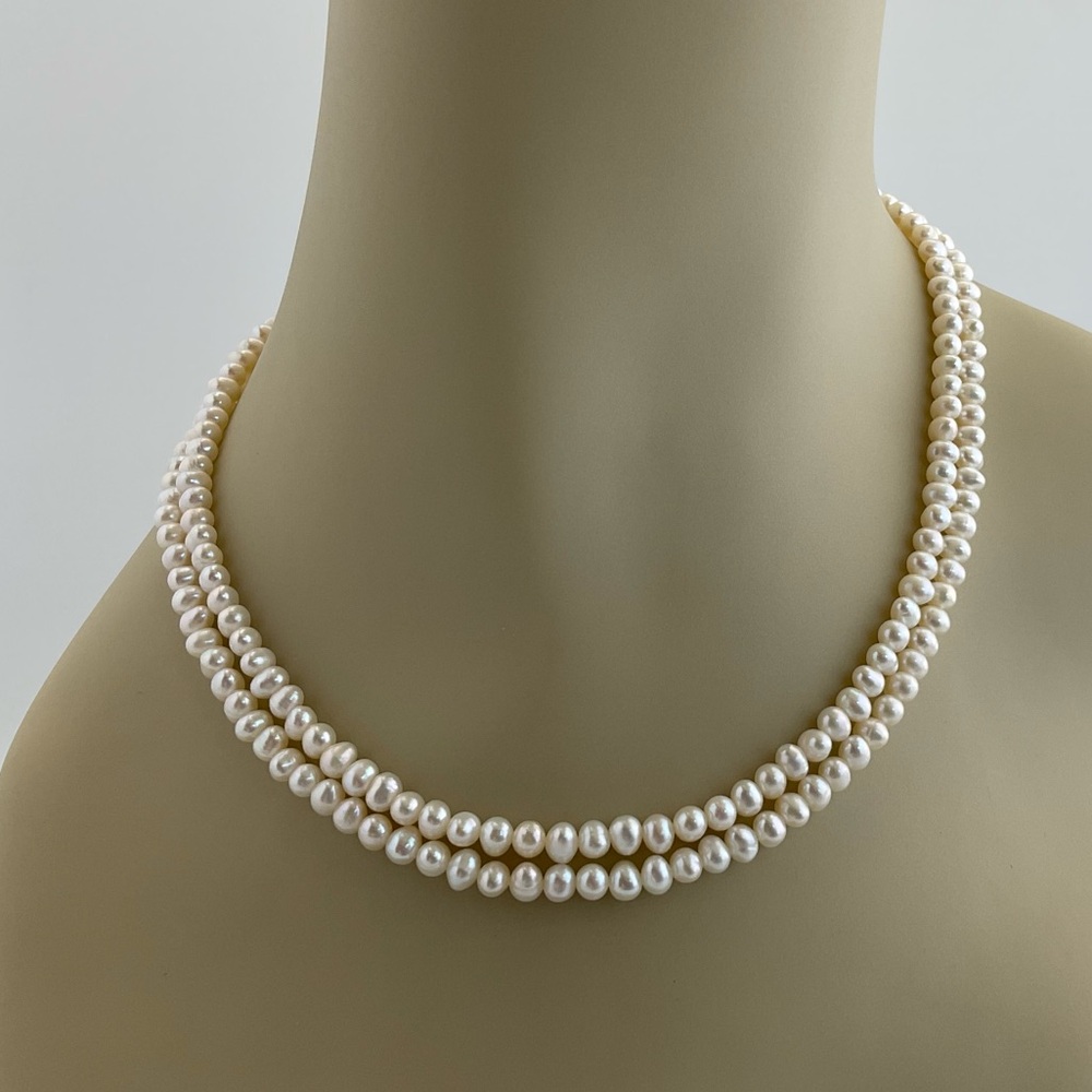 White Pearl Necklace, Oval Fresh Water Pearls, 16 3/4” Long, June Birthstone - Picture 10 of 11